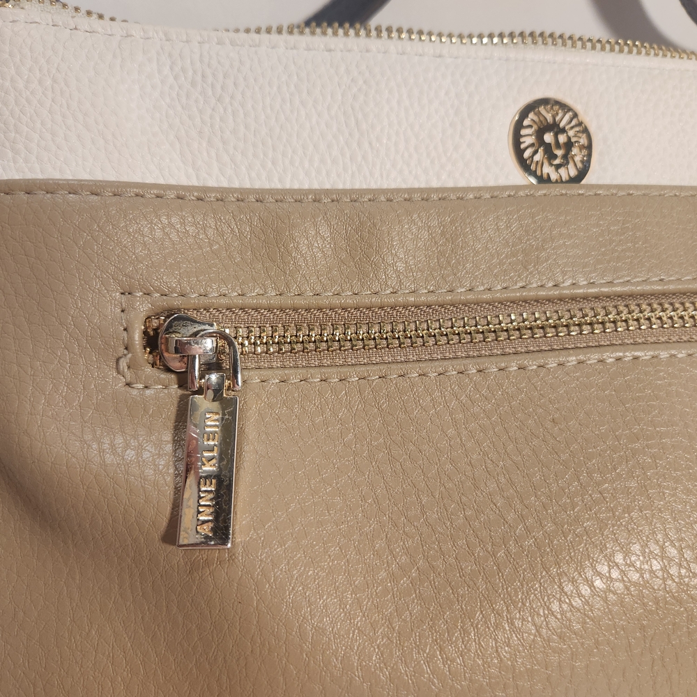 Anne Klein Tan and White Shoulder Bag with Pebbled Leather